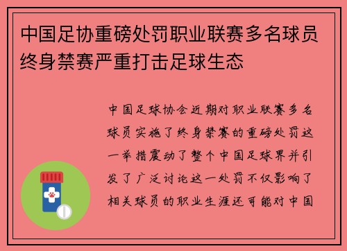 中国足协重磅处罚职业联赛多名球员终身禁赛严重打击足球生态