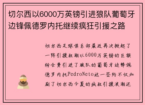 切尔西以6000万英镑引进狼队葡萄牙边锋佩德罗内托继续疯狂引援之路