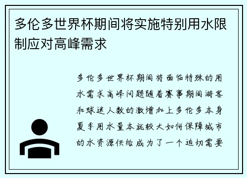 多伦多世界杯期间将实施特别用水限制应对高峰需求